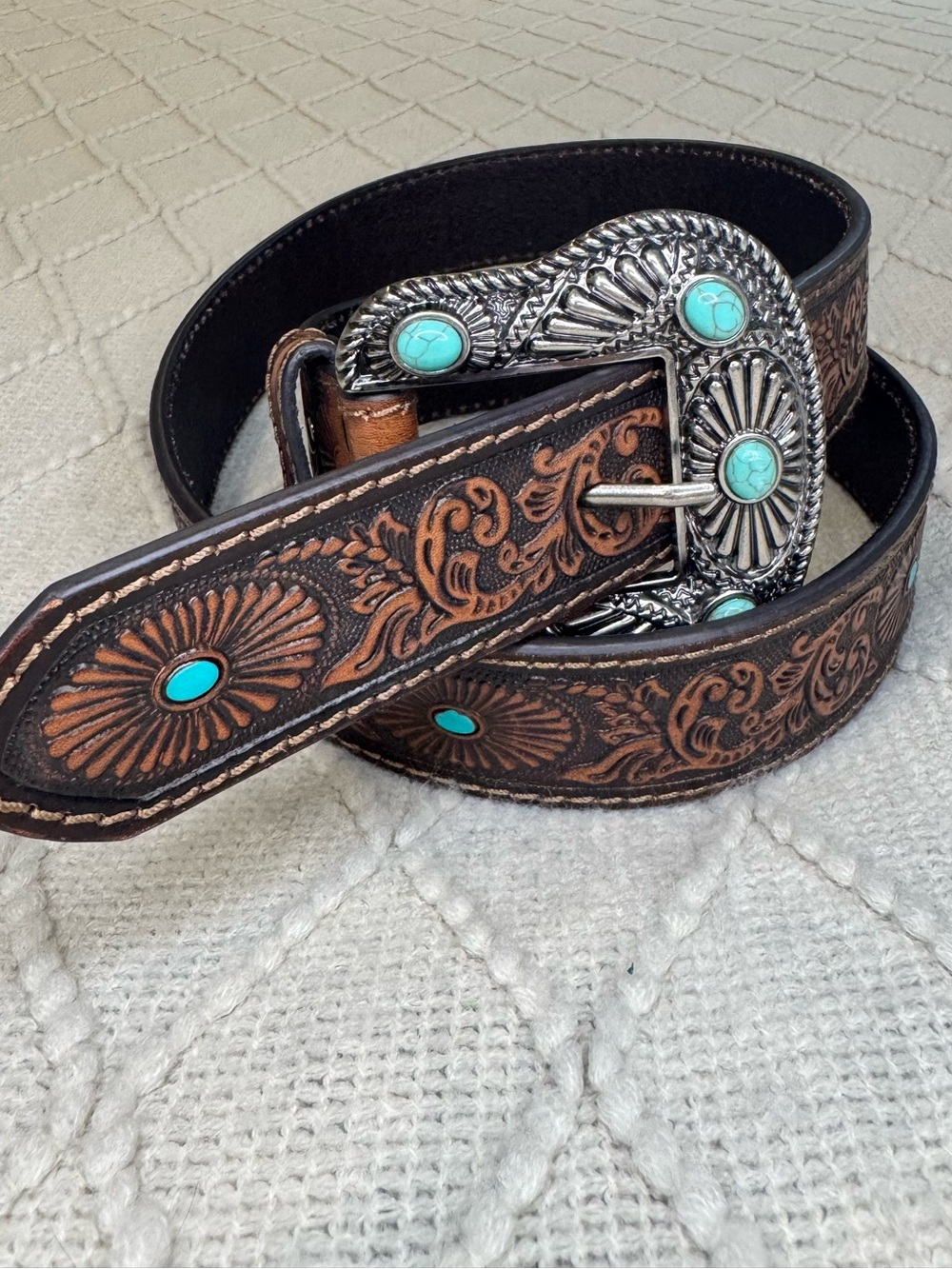 Nocona N3412002 Western Belt L 38 Brown Tooled Leather Turquoise